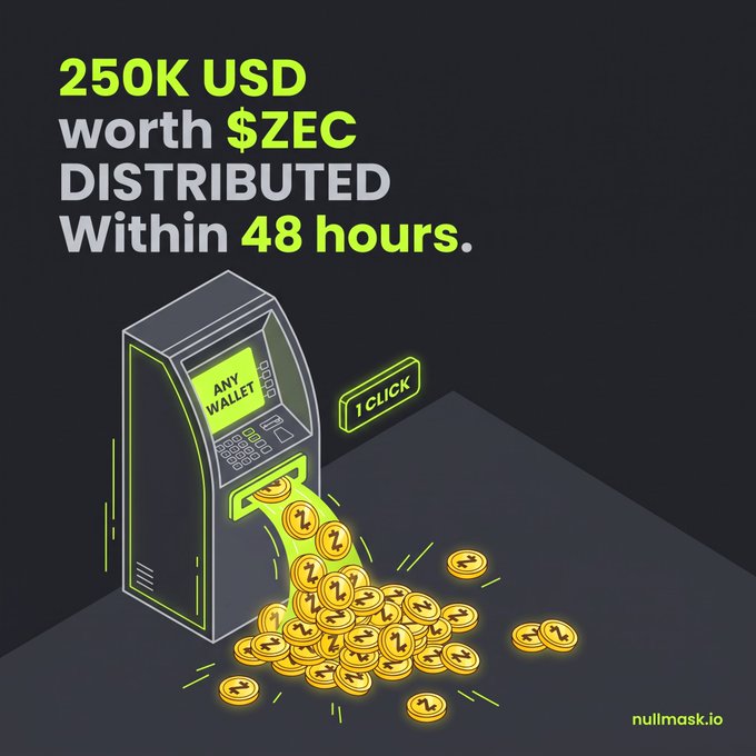 A promotional graphic with the text '250K USD worth $ZEC DISTRIBUTED Within 48 hours.' featuring an illustration of an ATM labeled 'ANY WALLET' dispensing gold coins, with 'nullmask.io' in the corner.