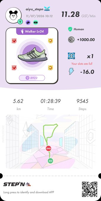 A digital STEPN app activity screenshot from user 'aiyu_stepn' dated 11/07/2026 showing a 'Walker Lv24' sneaker NFT, walk statistics of 5.62 km in 1:28:39 and 9545 steps, and energy/earning metrics.