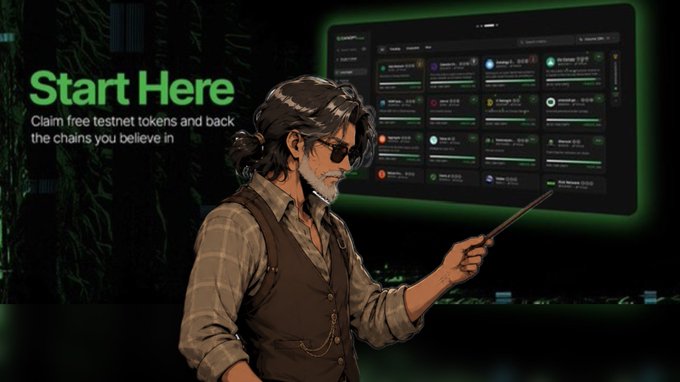 Promotional graphic with text 'Start Here - Claim free testnet tokens and back the chains you believe in,' featuring an illustrated bearded man pointing at a screen showing crypto project listings.