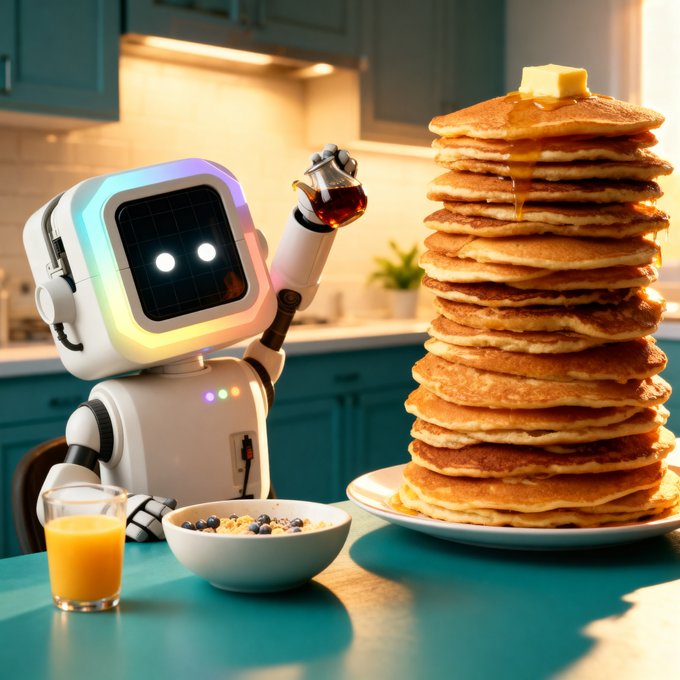 A cute robot with glowing eyes pours syrup over a comically tall stack of pancakes next to a glass of orange juice and a bowl of blueberries, perfectly capturing the "gm. the stack got out of hand." morning chaos.