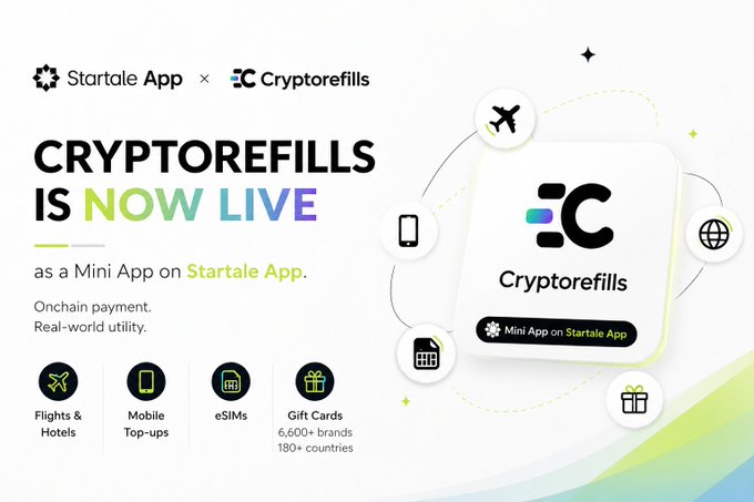 A promotional banner announces 'CRYPTOREFILLS IS NOW LIVE as a Mini App on Startale App,' featuring service icons for Flights & Hotels, Mobile Top-ups, eSIMs, and Gift Cards (6,600+ brands, 180+ countries).