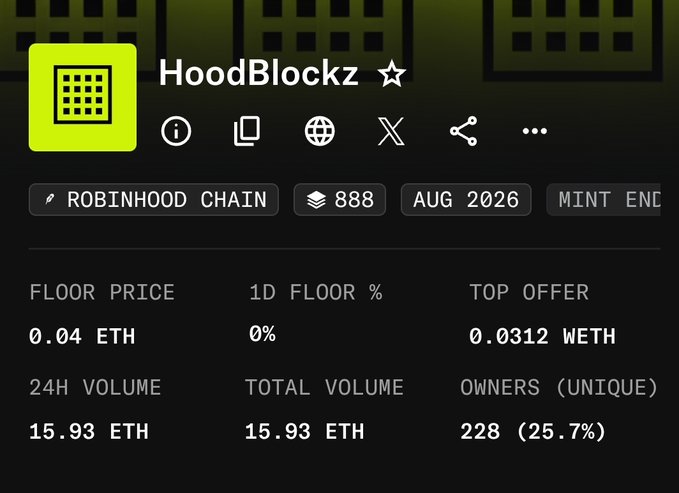 The image shows NFT collection stats for "HoodBlockz" on the Robinhood Chain, with a floor price of 0.04 ETH, top offer of 0.0312 WETH, and 228 unique owners (25.7%). The 1D floor percentage of 0% and total volume of 15.93 ETH supports the post's claim that the collection is gaining traction, with the floor price rising substantially from its 0.0088 ETH mint price.