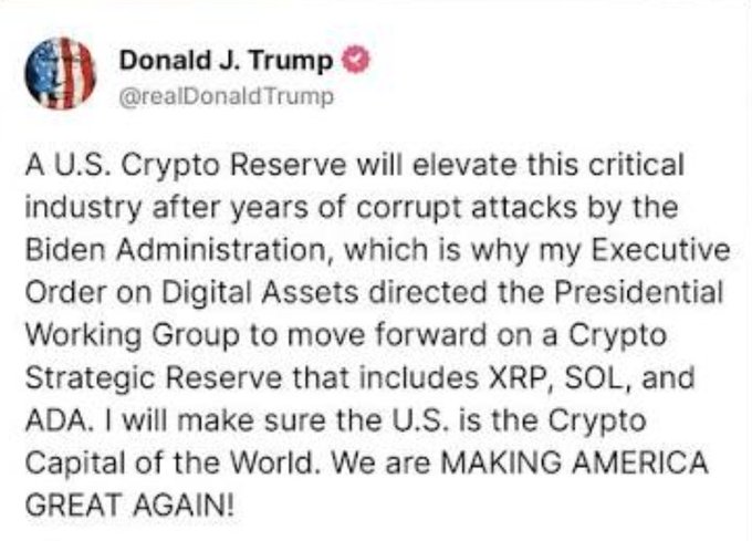 The image shows a verified tweet from Donald J. Trump (@realDonaldTrump) announcing a U.S. Crypto Strategic Reserve including XRP, SOL, and ADA as part of his Digital Assets Executive Order. This declaration of bullish government support for crypto aligns with the "We can't lose" sentiment, reinforcing confidence in the crypto industry's future under pro-crypto policy.