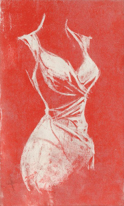A red monoprint or sketch artwork depicting a stylized female figure wearing a flowing dress, with the form emerging in white against a vibrant red textured background.