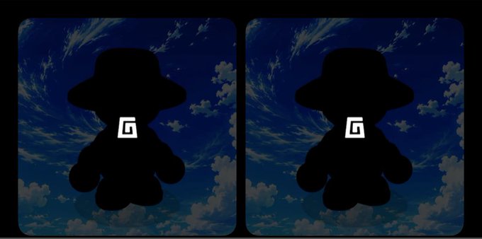 A stereoscopic VR-style image shows two identical panels featuring a black silhouette of a hat-wearing character against a cloudy blue sky background, with a "G" logo displayed in the center of each figure, likely representing a preview or teaser related to the mentioned GodPull NFT reveal.