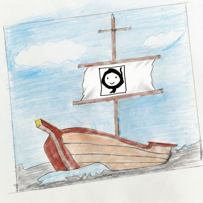 A hand-drawn colored pencil illustration of a wooden pirate ship sailing on the sea, with a white sail displaying a black flag with a smiling face emblem.