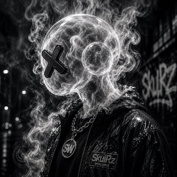 A mysterious figure shrouded in smoke wears a head with "X" and "O" eyes, sporting a chain with an "SW" pendant and a "SkülRz WORLDWIDE" branded jacket, with "SkülRz" graffiti visible in the dark urban background—matching the SkülRz Worldwide streetwear drop teased in the post.