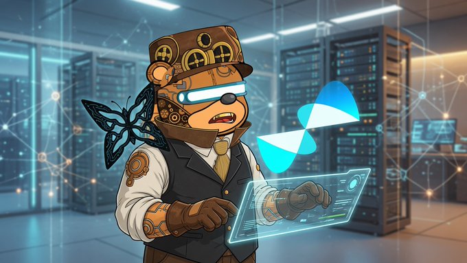 A steampunk-styled bear wearing a top hat adorned with gears and a robotic butterfly operates a glowing holographic tablet inside a server room, with a blue quantum-inspired logo floating beside it—visually echoing the post's mention of running a basic optimization workload on a decentralized quantum compute marketplace.