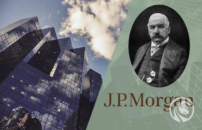 A graphic featuring a vintage portrait photograph of J.P. Morgan in an oval frame next to a modern glass skyscraper under a cloudy sky, with 'J.P. Morgan' text overlaid.