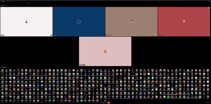 A screenshot of a website displaying four colored rectangular panels (white, blue, tan, and red) at the top, with a pink panel below, and a large grid of small circular NFT icons filling the bottom portion of the screen.