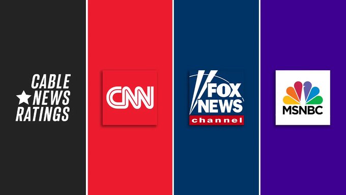 A graphic showing four vertical color panels displaying logos for 'CABLE NEWS RATINGS' (black), 'CNN' (red), 'FOX NEWS channel' (blue), and 'MSNBC' (purple).