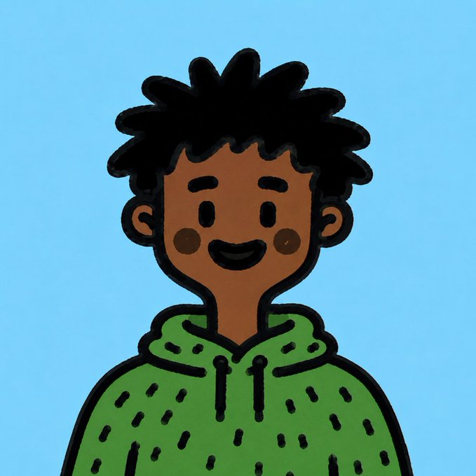 A cartoon illustration of a smiling boy with dark curly hair wearing a green hoodie against a light blue background.
