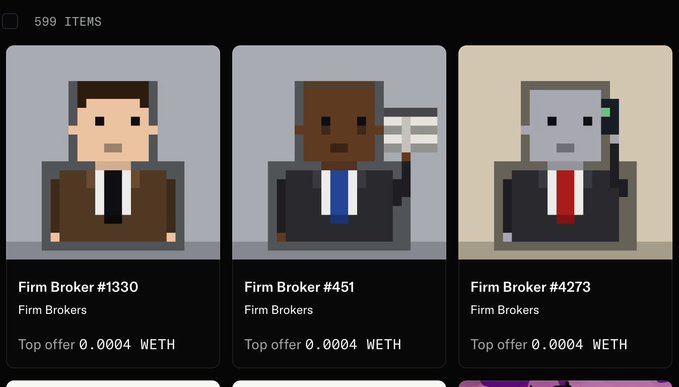 A digital marketplace listing showing pixel-art 'Firm Broker' NFTs (#1330, #451, #4273) with top offers of 0.0004 WETH each.