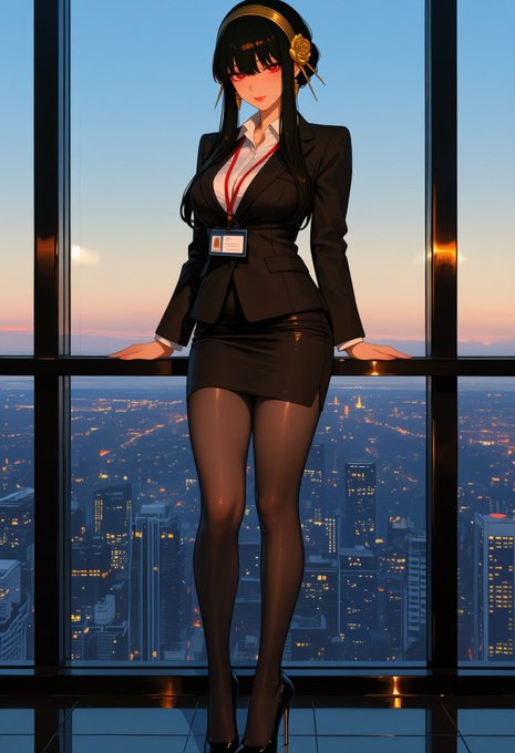 An anime-style illustration of a woman in a black business suit, white shirt, and sheer black stockings standing before a window overlooking a city at dusk.