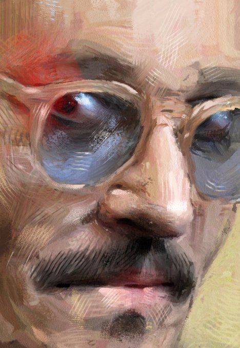 A digital painting or close-up illustration of a man's face with large reflective eyes and a mustache.