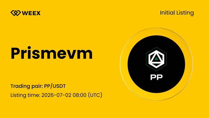 A WEEX exchange announcement banner with a yellow background announcing the initial listing of "PrismeVM" (PP), featuring the trading pair PP/USDT and a listing time of 2026-07-02 08:00 (UTC), alongside a circular black logo with "PP" text.
