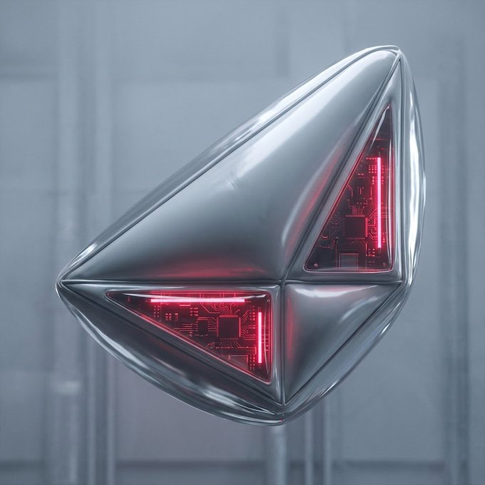 A futuristic metallic octahedron or diamond-shaped object floats against a gray industrial background, featuring glowing red circuit-like patterns visible through transparent triangular sections.