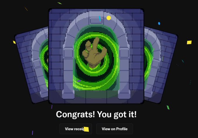 A pixel art achievement screen displaying a green swirling portal with a hand reaching out, with the text 'Congrats! You got it!' and buttons to 'View receipt' or 'View on Profile'.