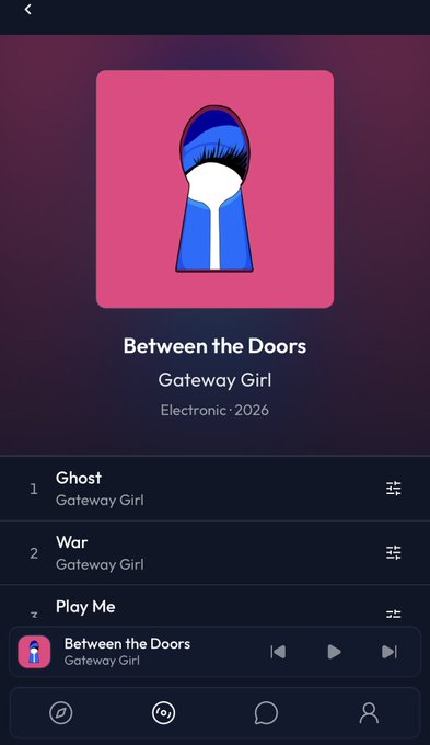 A music app screen shows the track 'Between the Doors' by Gateway Girl, categorized as 'Electronic · 2026', with a tracklist including Ghost, War, and Play Me.