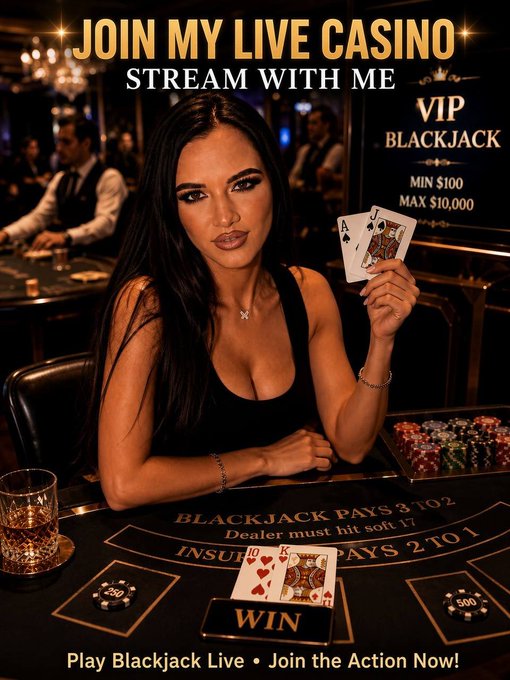 The image is a promotional poster for a live casino stream featuring a glamorous brunette dealer holding an Ace of Spades at a VIP blackjack table, with text reading "JOIN MY LIVE CASINO STREAM WITH ME" and "VIP BLACKJACK - MIN $100, MAX $10,000," along with a "WIN" banner showing a 10 and Queen of Hearts totaling 20 against the dealer's hand. The poster advertises Eva's upcoming live stream where viewers can win 500 G Coins by guessing the roulette number, complementing the post's call to action to join the channel and participate in the interactive game.