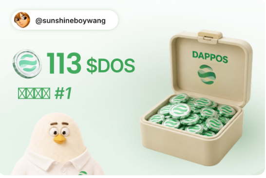 The image shows a social media post from @sunshineboywang featuring a cartoon seal mascot next to a container labeled "DAPPOS" filled with green "S" branded tokens, with text reading "113 $DOS" and "#1" displayed alongside the dappOS logo. The post celebrates the user claiming their airdrop allocation of 113 $DOS tokens, though the text accompanies their dissatisfaction with the amount compared to earlier participants of the intent-based interaction program.