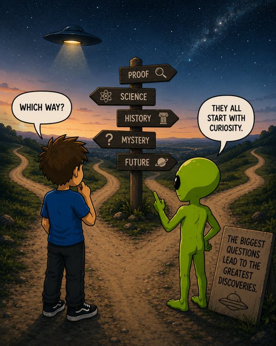 A cartoon boy stands at a fork in the road alongside a green alien, both looking at a signpost pointing toward "PROOF," "SCIENCE," "HISTORY," "MYSTERY," and "FUTURE," with a stone reading "The biggest questions lead to the greatest discoveries." A UFO hovers above as they ask "Which way?" and an alien replies "They all start with curiosity," illustrating the post's message that curiosity—rather than certainty—drives humanity's greatest discoveries, including the ongoing UFO conversation.