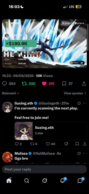 The image shows a TikTok post from "liuxing.eth" (@liuxingeth) with 10K views on a BNB token stream titled "HE THINK" showing +$190.9K gains and 315 likes, followed by a reply from @liuxing.eth inviting viewers to "join me" in scanning a new play, and another comment from "Mufasa" (@SolMufasa) saying "Ggs bro." 

The post likely serves as a celebratory share of the $190.9K profit from the "HE THINK" token stream, with the user promoting their next opportunity—aligning with the congratulatory tone of the accompanying thank-you message to "Lyxx."