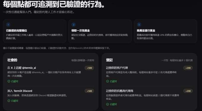 A dark Chinese-language web dashboard about verified actions includes numbered steps and referral/task boxes with green “已認領” labels and point values such as “+500” and “+200.”