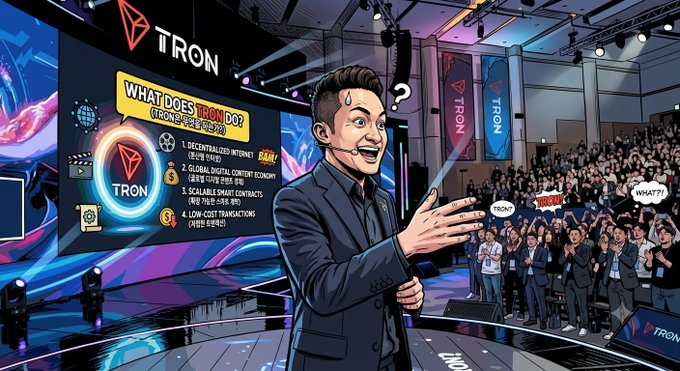 An illustrated graphic depicts Justin Sun on a stage presenting a slide titled 'WHAT DOES TRON DO?', explaining its features like decentralized internet and global digital content economy to a crowd.