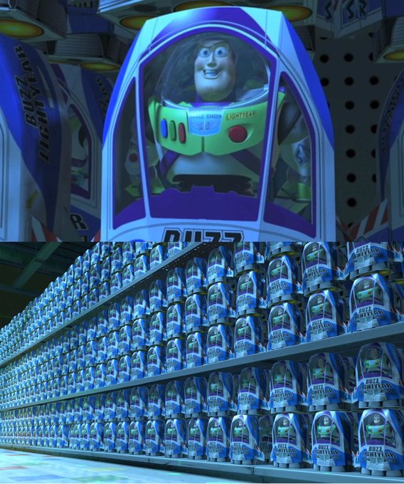 Shelves are stocked with Buzz Lightyear ("BUZZ LIGHTYEAR") toys inside a store featuring Toy Story themed packaging and displays.