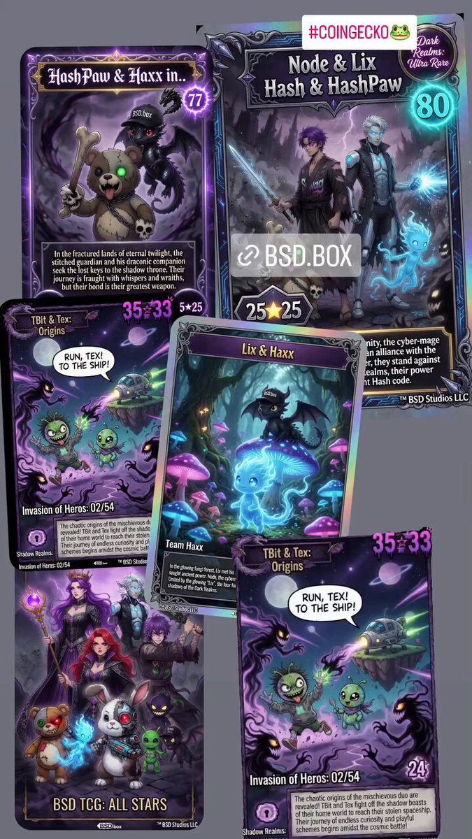The image features a collection of five cards, each depicting different characters or creatures from a video game. The cards are arranged vertically against a gray background, showcasing their unique designs and details. The text accompanying the cards includes phrases such as "Hashes & Hashes" and "Lets go!". These descriptions provide context to the content on the cards and help viewers understand what they represent in the gaming world.