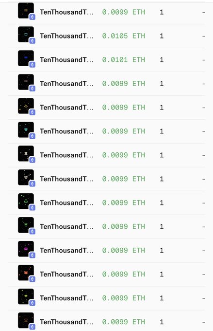 A list of TenThousandT... NFT items priced at approximately 0.0099 ETH each, with quantities of 1.