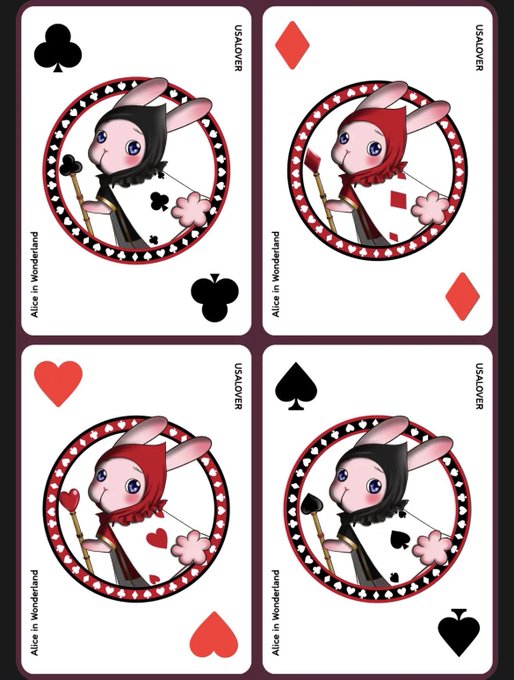 Four playing cards from an "Alice in Wonderland" themed deck designed by USAOIVER, featuring an illustrated rabbit character as the suit symbol for clubs, diamonds, hearts, and spades.