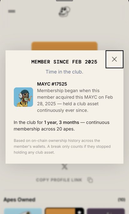 The image shows a cell phone screen displaying an email notification about a club member named "MAYC 17525". The text of the email states that the club has been acquired by Mayc, and there are details about the club's history and its assets. The email also mentions that the club is open for members to join or update their profiles.