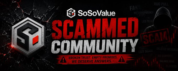 The image features a banner for a website called "SOSOVALUE" with red and black colors. The banner displays the words "Scammed Community", which suggests that this site might be related to online scams or discussions about them. In addition, there is an image of a person wearing a hoodie in the background, possibly representing a user who has been scammed or is currently involved in such activities.