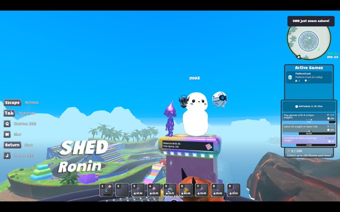 A screenshot from a video game showing a character named 'SHED' with the title 'Ronin', featuring a white seal-like avatar on a platform with an active games menu on the right side.