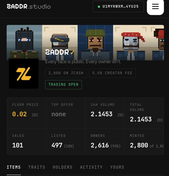 A screenshot of the z8adr.studio NFT platform displaying pixelated character avatars, showing statistics like 'FLOOR PRICE 0.02 ZEC,' '24H VOLUME 2.1453 ZEC,' and 'MINTED 2,800 of 2,800.'