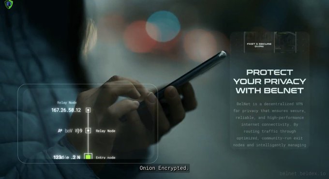 A person uses a smartphone overlayed with an "Onion Encrypted" diagram showing relay nodes routing traffic to "167.26.58.12" and "123d1e.2N," promoting BelNet ("FAST & SECURE VPN") and its privacy-focused VPN service as part of Beldex's decentralized masternode ecosystem that powers BChat and BelNet.