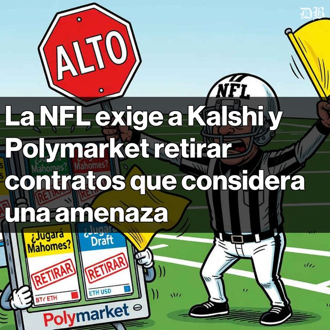 A Spanish-language news cartoon depicting an NFL referee stopping a character holding signs for Kalshi and Polymarket prediction markets regarding Mahomes and Draft contracts, with text reading 'La NFL exige a Kalshi y Polymarket retirar contratos que considera una amenaza.'
