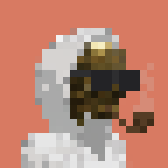Low-resolution pixel art portrait of a figure wearing dark sunglasses against an orange/coral background.