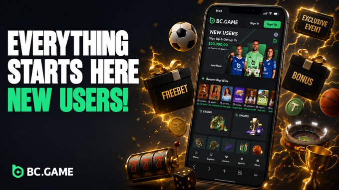 A promotional banner for BC.GAME featuring the bold text "EVERYTHING STARTS HERE NEW USERS!" alongside a smartphone displaying the BC.GAME app interface with "$20,000.00" sign-up offer, surrounded by sports and gaming imagery including a soccer ball, basketball, slot machine, trophy, and gift boxes labeled "FREEBET" and "BONUS" with an "EXCLUSIVE EVENT" tag. The image visually supports the post's call-to-action for new user sign-ups, highlighting the multi-reward package of free bets, free spins, and deposit bonuses worth up to $500.