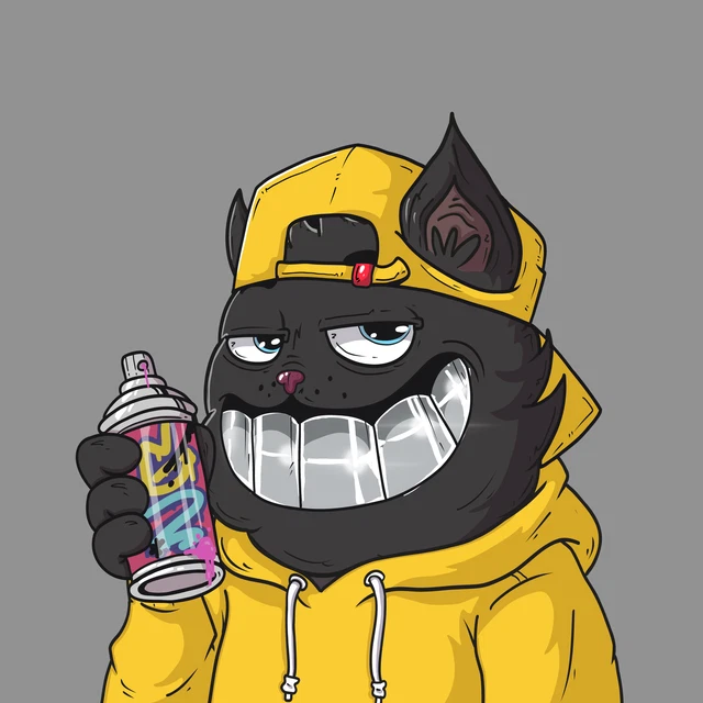 A cartoon illustration of a black cat character wearing a yellow backwards cap and yellow hoodie, holding a spray paint can.