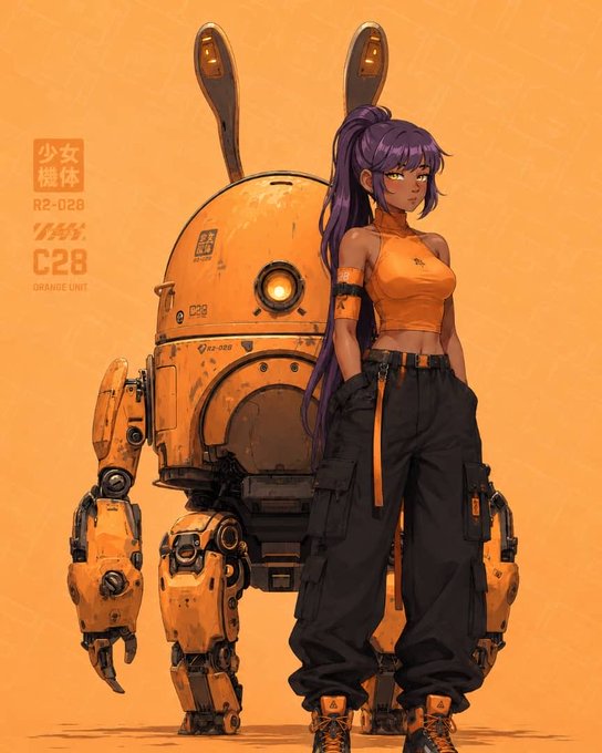 An anime-style illustration of a girl with purple hair in a ponytail, wearing an orange tank top and black cargo pants, standing in front of a large orange robot labeled 'C28 ORANGE UNIT' against an orange background.