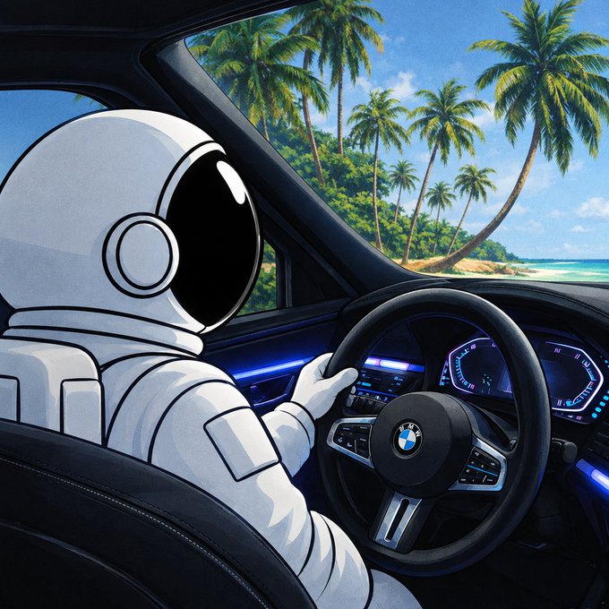 A digital illustration of an astronaut in a white spacesuit driving a BMW car, with the dashboard visible and a tropical beach scene with palm trees seen through the windshield.