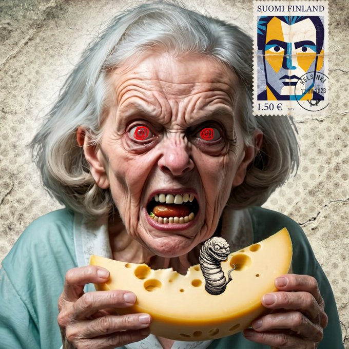 A grotesque, AI-generated image of an elderly woman with red eyes aggressively biting into a slice of cheese that contains a worm, styled as a Finnish postage stamp ('SUOMI FINLAND', '1.50 €') dated 12.09.2023.