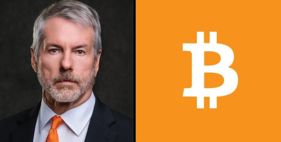 The image features Michael Saylor, the prominent Bitcoin advocate, alongside the Bitcoin logo. This visual pairs with the post's message highlighting Saylor's bullish stance on Bitcoin, suggesting that amid political uncertainty in Washington, Bitcoin remains the clear investment choice according to his perspective.