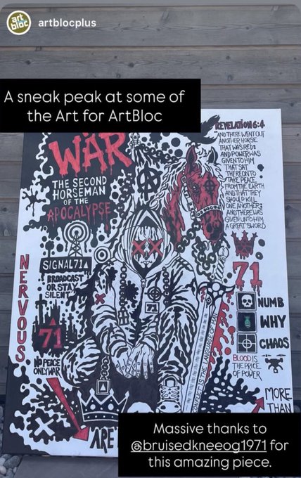 An Instagram story post by 'artblocplus' previewing black, white, and red artwork titled 'WAR' featuring a hooded figure with 'SIGNAL71' and 'NERVOUS' text, crediting '@bruisedkneeog1971'.