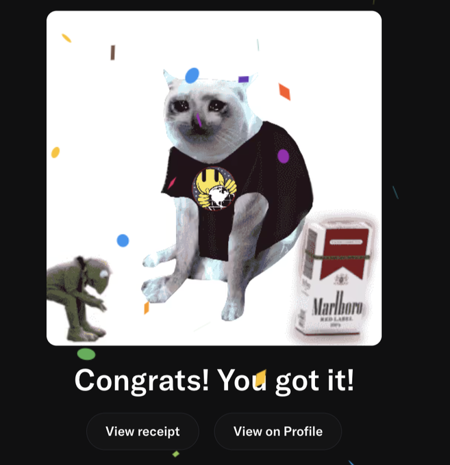 A digital cat meme wearing a black shirt, surrounded by confetti and a virtual Marlboro cigarette pack, with the text 'Congrats! You got it!' and buttons to 'View receipt' or 'View on Profile'.