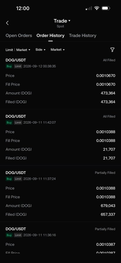 A mobile trading app screenshot showing the Order History tab with multiple DOG/USDT buy orders, with timestamps from September 2026 and prices around 0.0010387-0.0010670.