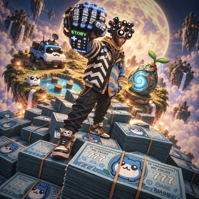A digital artwork shows a figure with a robotic gauntlet and goggles standing on stacks of 'TOBY' cryptocurrency bills atop a floating island with a monster truck and giant glowing seed, set against a massive moon.